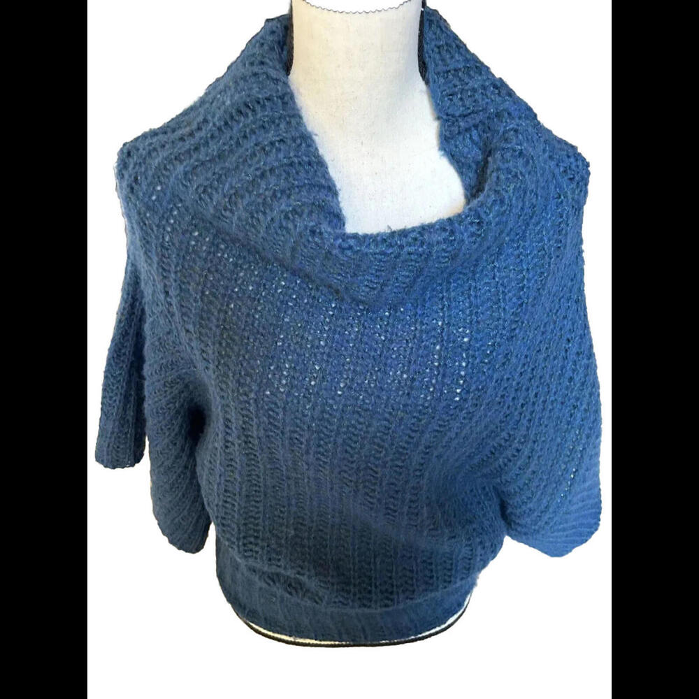 🧣🦋Free People Teal Cowl Neck Short Sleeve Chunky Knit Sweater Size SP